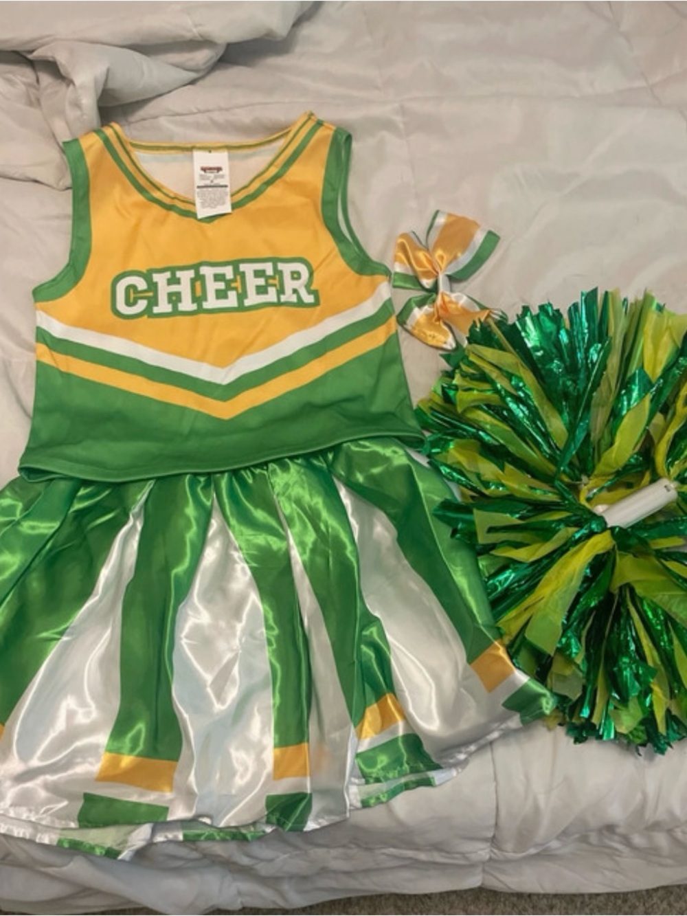 Girls Green and Yellow Cheerleader Costume Set with Pom-Pom and Bow